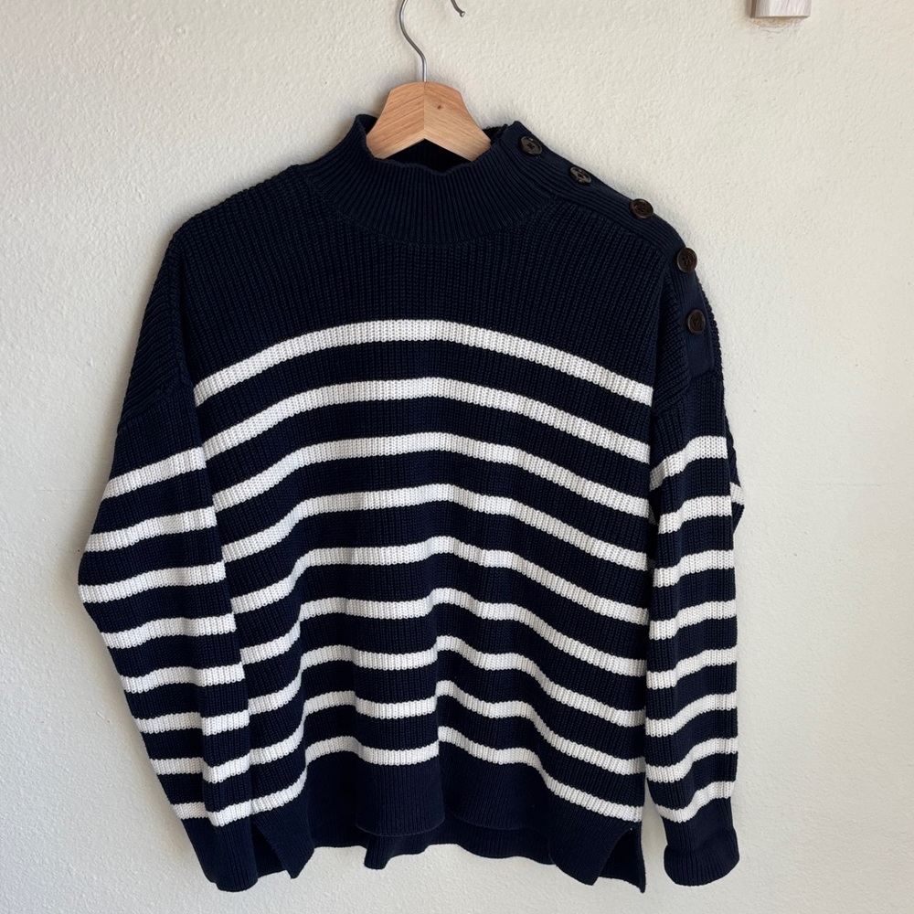 LOFT Large Navy White Striped Pullover Sweater Button Detail Large